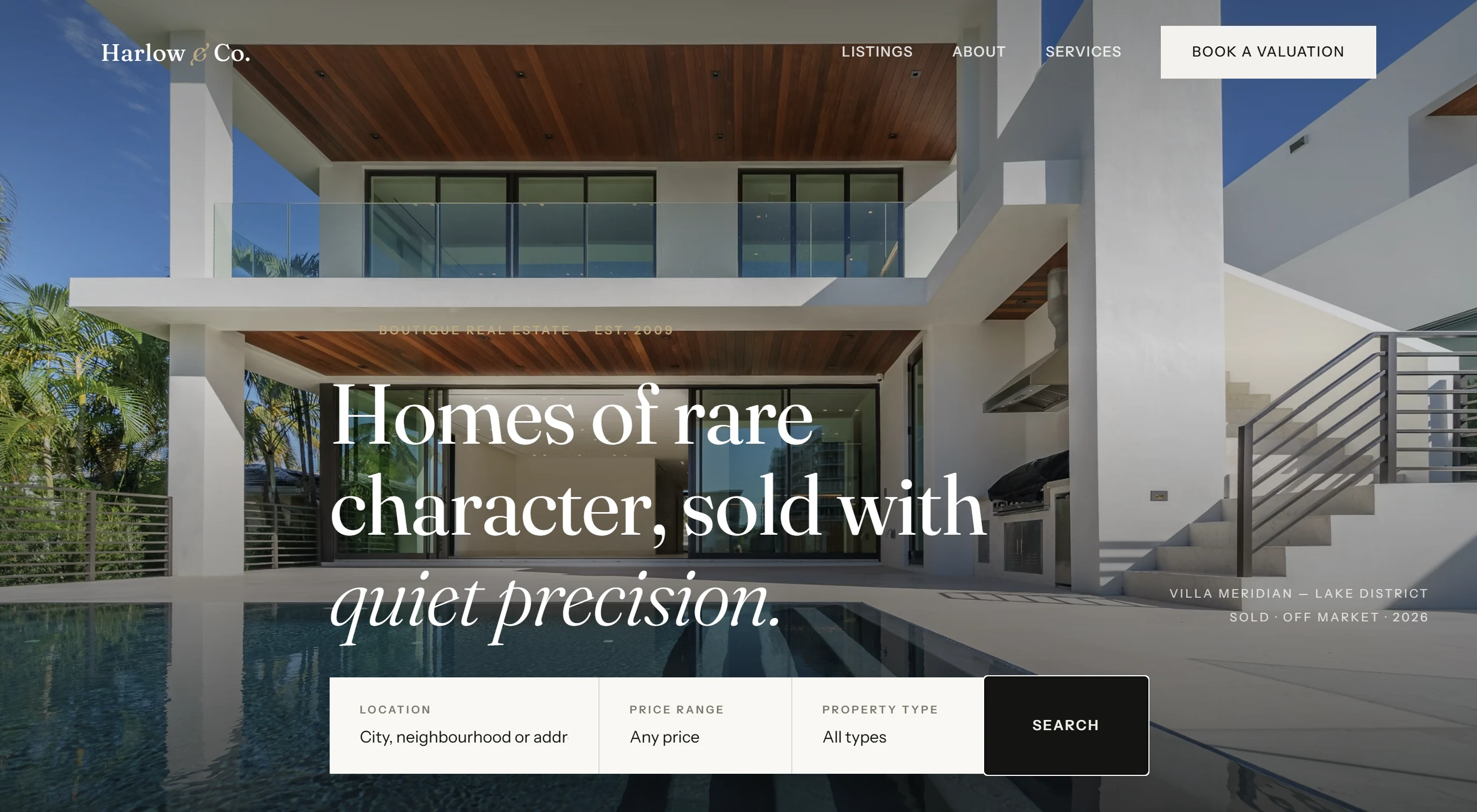 Homepage design for Harlow & Co. boutique real estate